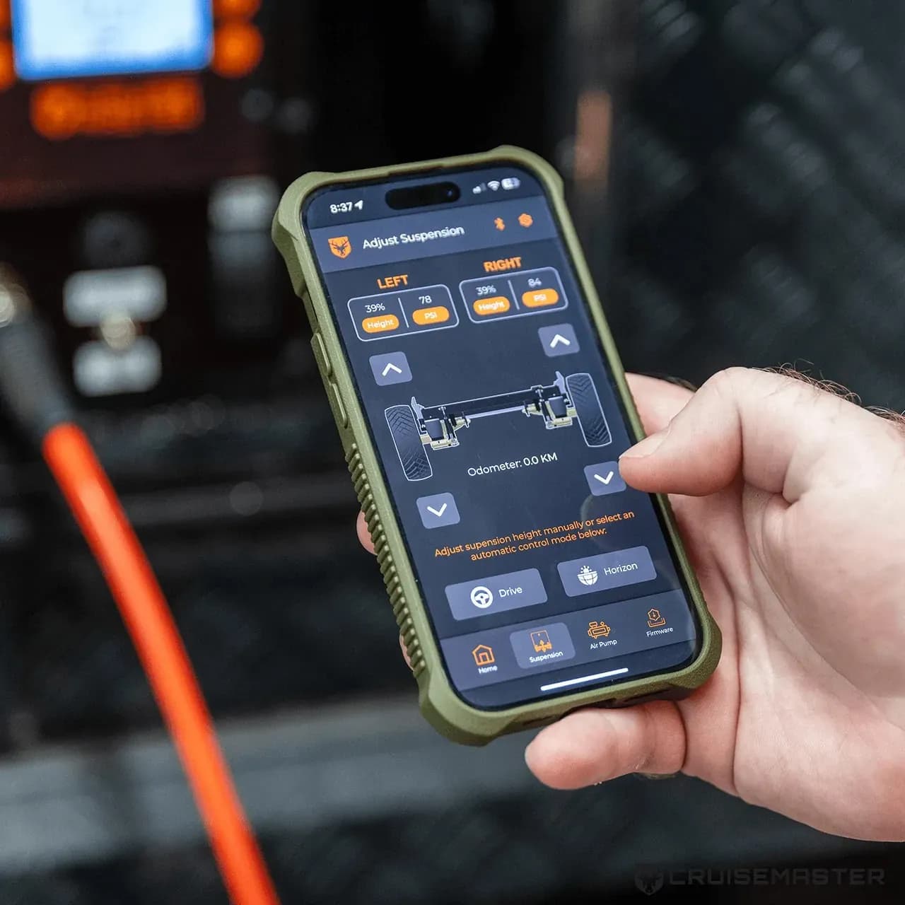 Cruisemaster BCS suspension control app showing a NORCA axle adjustment screen
