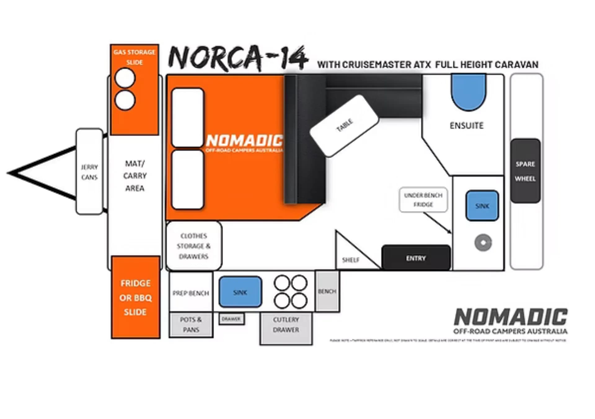Floorplan of Nomadic Off-Road Campers NORCA-14 ATX showing rear gas storage and fridge slide, side kitchen with sink and drawers, central lounge and table, entry with under-bench fridge, front ensuite, spare wheel and dual sinks.