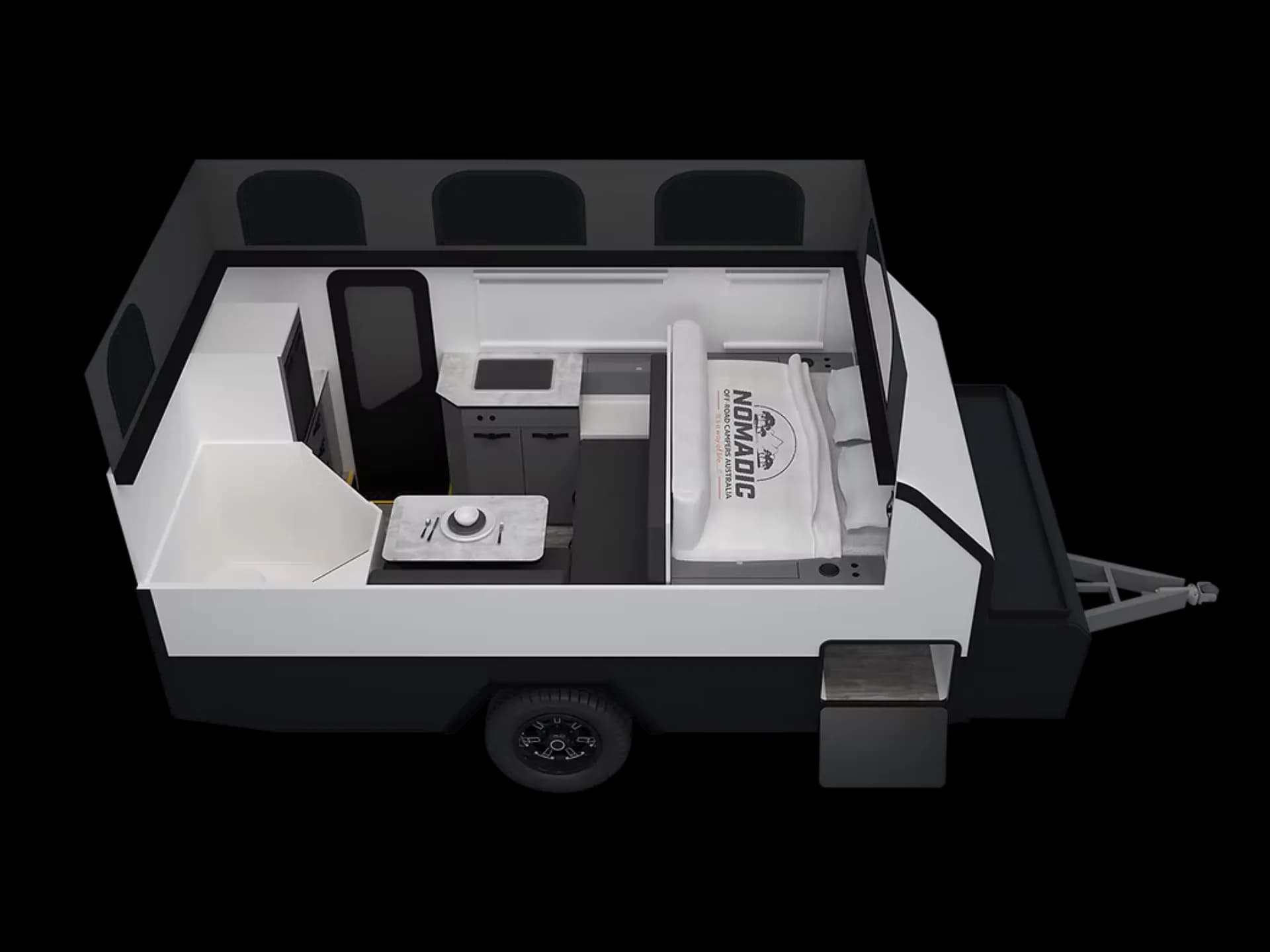 Floorplan of Nomadic Off-Road Campers NORCA-14 POPTOP showing front double bed on right, central aisle, rear left dinette table, and mid-left kitchen with cooktop and storage