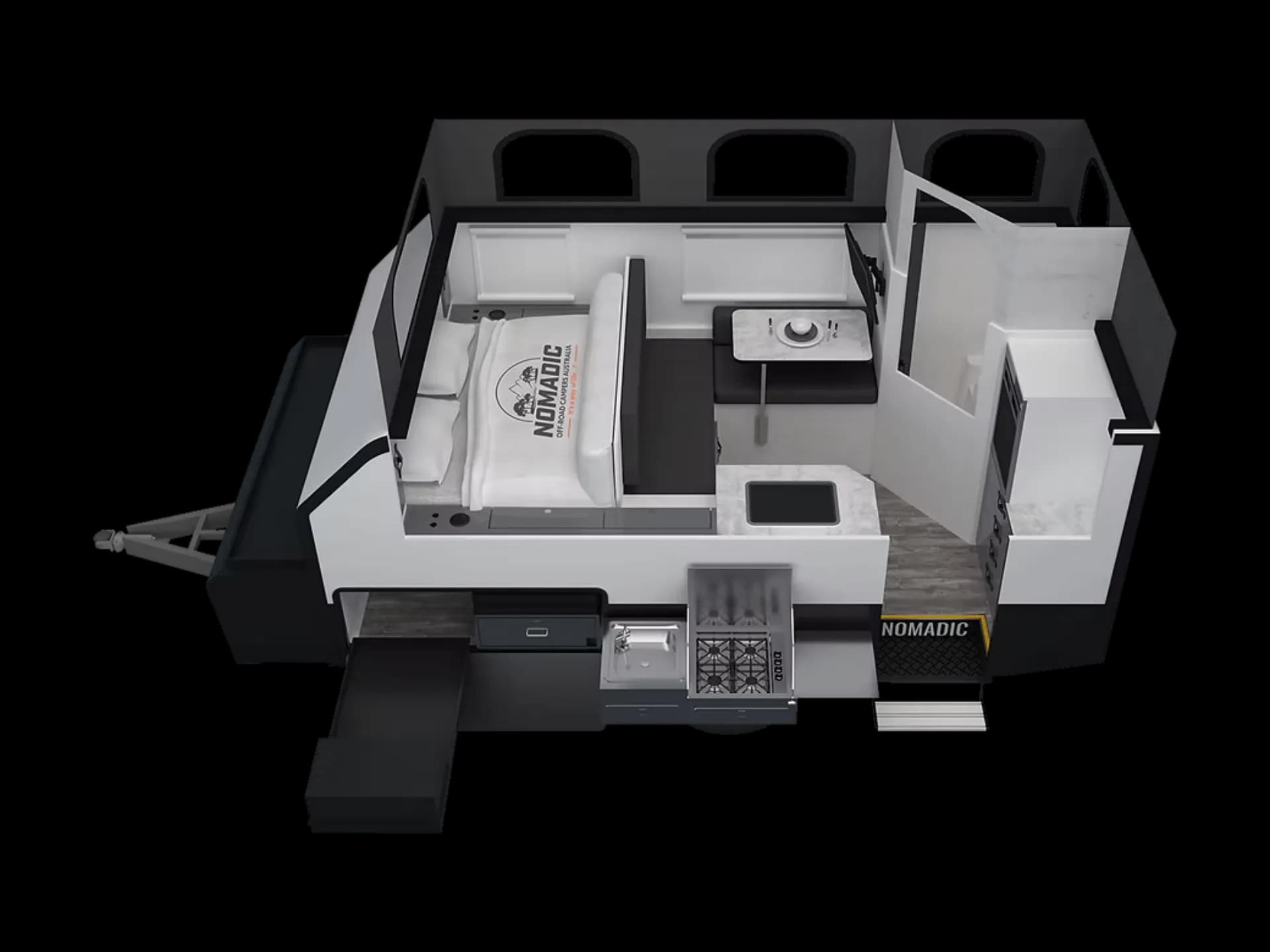 Floorplan of Nomadic Off-Road Campers NORCA-14 POPTOP showing front double bed, central lounge with bench and table, side kitchen with sink and stove, rear entry door and storage areas