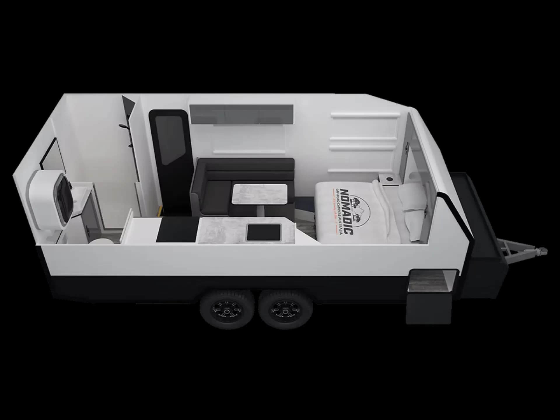 Floorplan of Nomadic Off-Road Campers NORCA-17.6 showing front queen bed, central L-shaped lounge with two tables, rear kitchen bench, and corner bathroom with toilet and basin