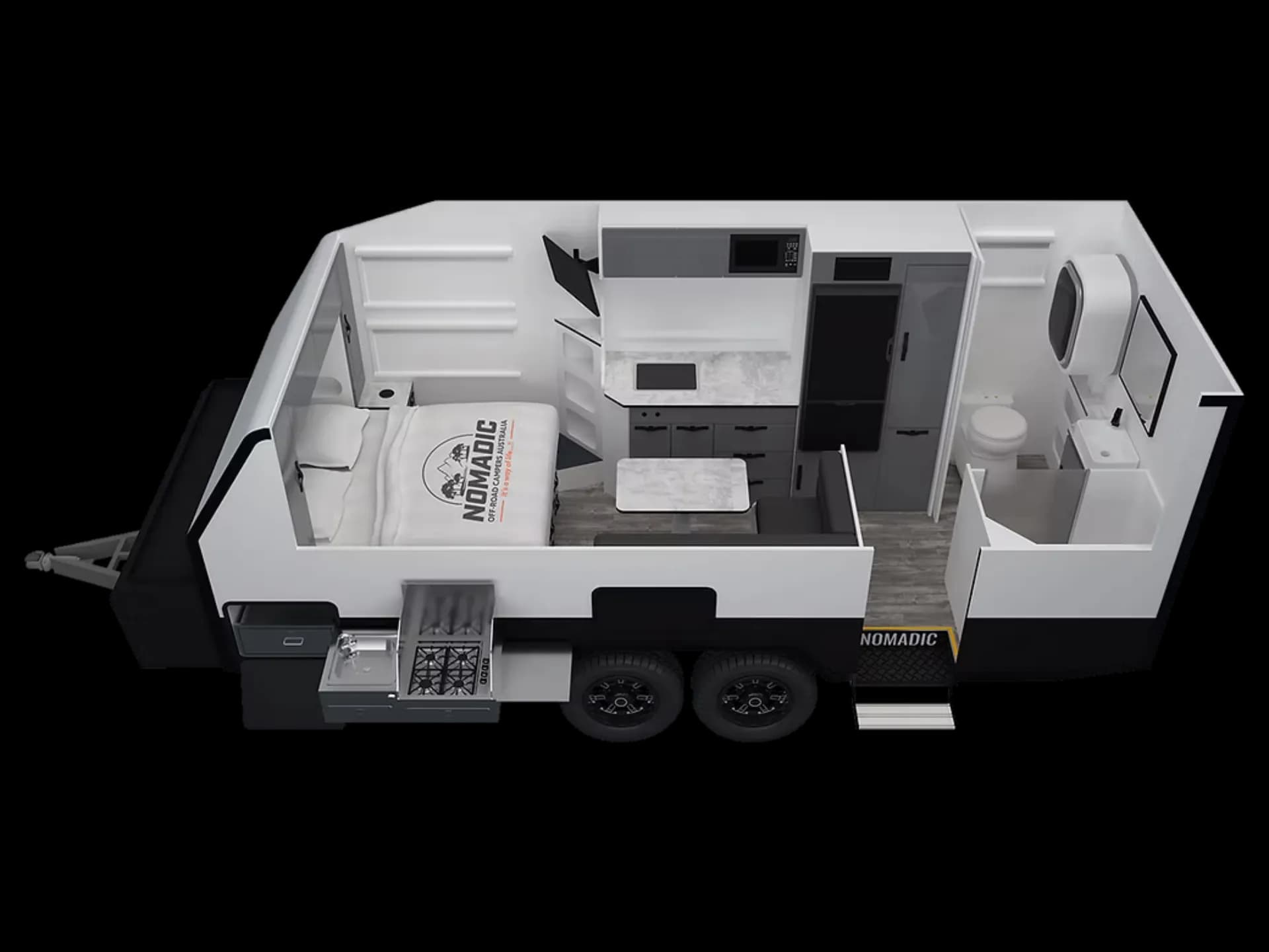 Floorplan of Nomadic Off-Road Campers NORCA-17.6 showing front queen bed, central dinette opposite kitchen with fridge and overhead storage, and rear bathroom with toilet, vanity and shower