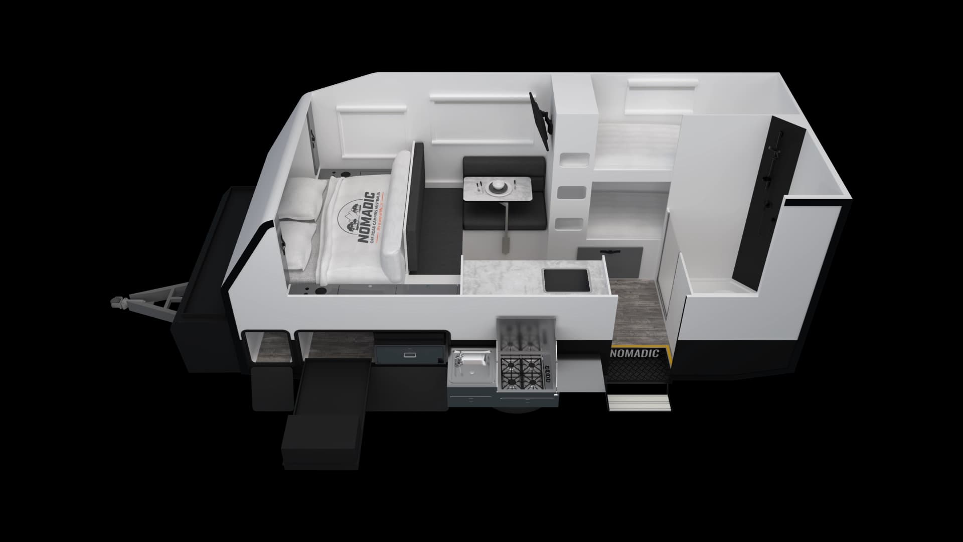 Floorplan of Nomadic Off-Road Campers NORCA-16 HR Double Bunks showing front queen bed, side dinette with TV, central bench, rear double bunks, corner shower and external slide-out kitchen