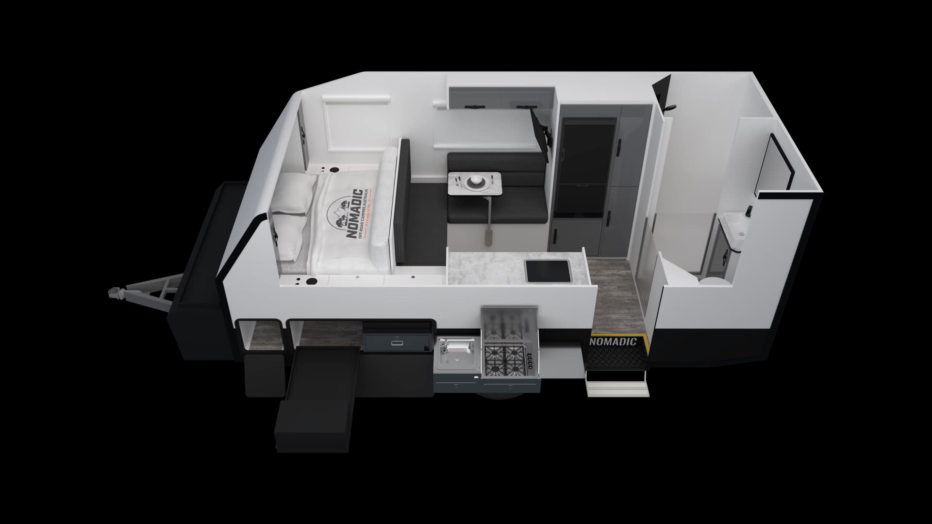 Floorplan of Nomadic Off-Road Campers NORCA-16 HR Couples showing front queen bed, mid dinette with overhead cabinets, side kitchen bench, rear entry, and full-width rear bathroom with vanity and toilet